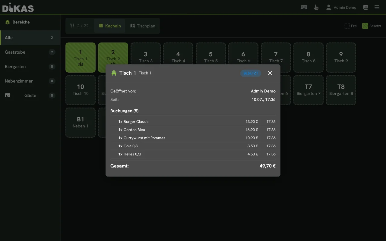 Tisch-Info Dialog