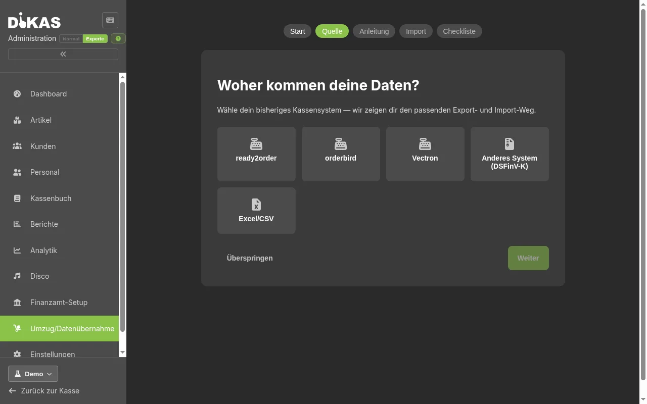 Umzugs-Assistent — Quelle wählen