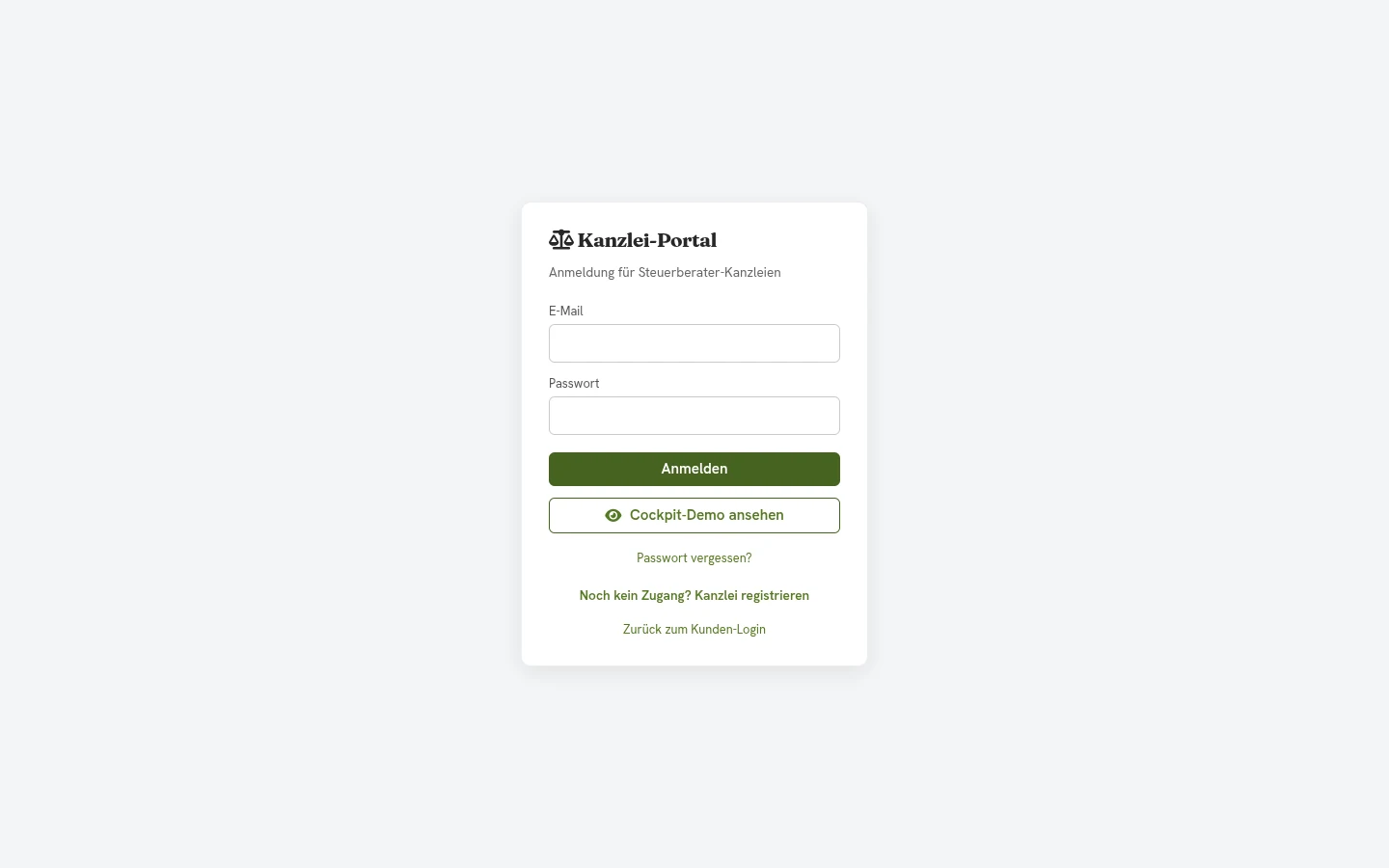 Login des Kanzlei-Portals mit „Cockpit-Demo ansehen“