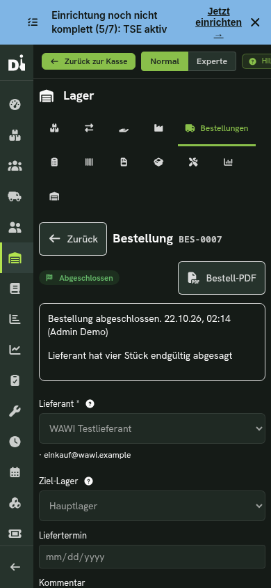 Abgeschlossene Bestellung mit gespeicherter Begründung in der mobilen Demo